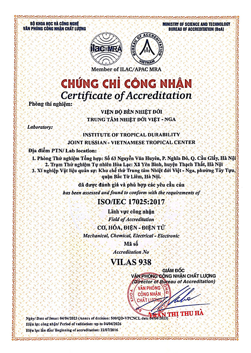 Mở rộng phạm vi công nhận phòng thí nghiệm Viện Độ bền nhiệt đới (VILAS 938)